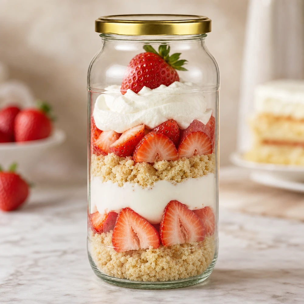 Verre rond de 1062 ml avec couvercle doré BasicSeal comme verre à dessert pour un dessert stratifié à la fraise et à la crème avec des vermicelles