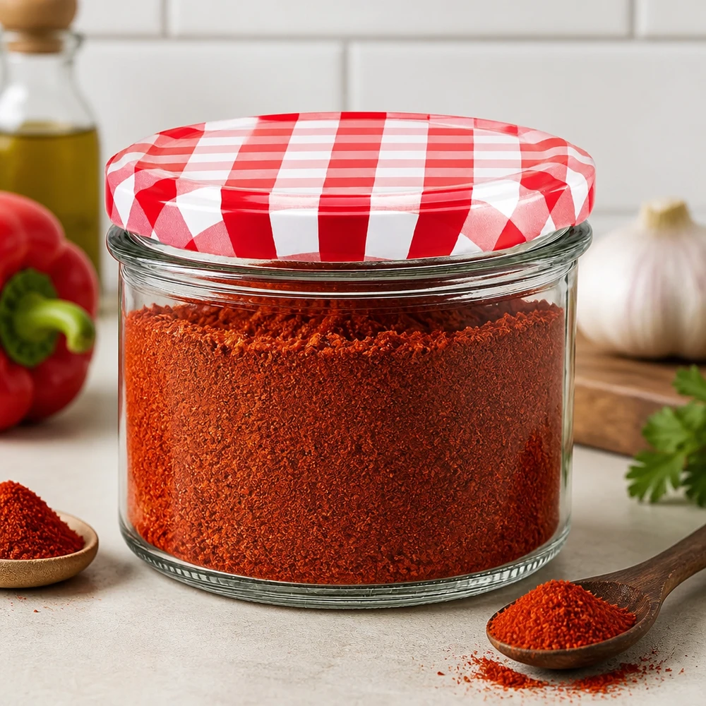 225ml Verre conique avec couvercle BasicSeal rouge/blanc UNiTWIST Bocal de 225 ml rempli de poudre d'épices rouges montre une utilisation pratique en cuisine avec fermeture BasicSeal