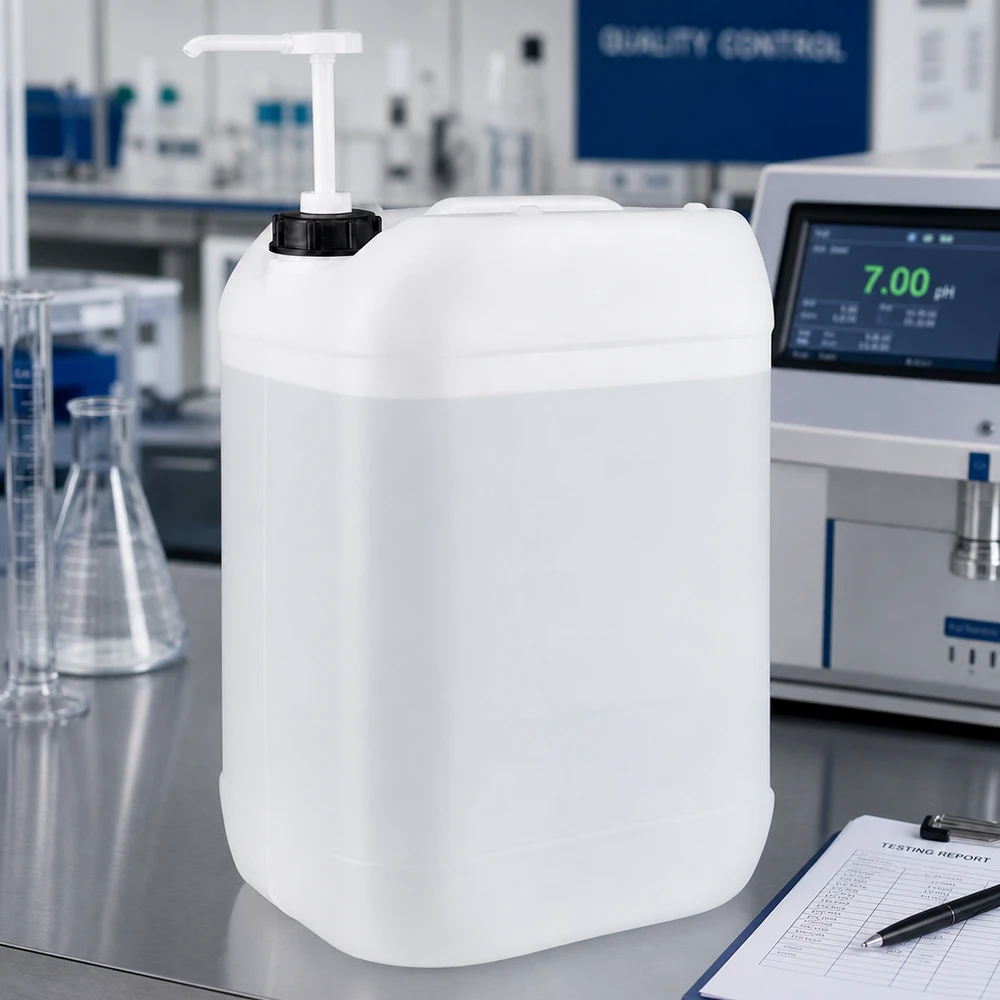 Bidon translucide de 25 litres muni d'une pompe doseuse permettant un prélèvement précis de liquides en laboratoire