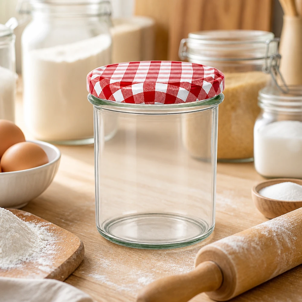 Pot de 350 ml vide dans l'environnement de la cuisine avec des ingrédients de cuisson, couvercle à carreaux rouges et blancs, farine et rouleau à pâtisserie