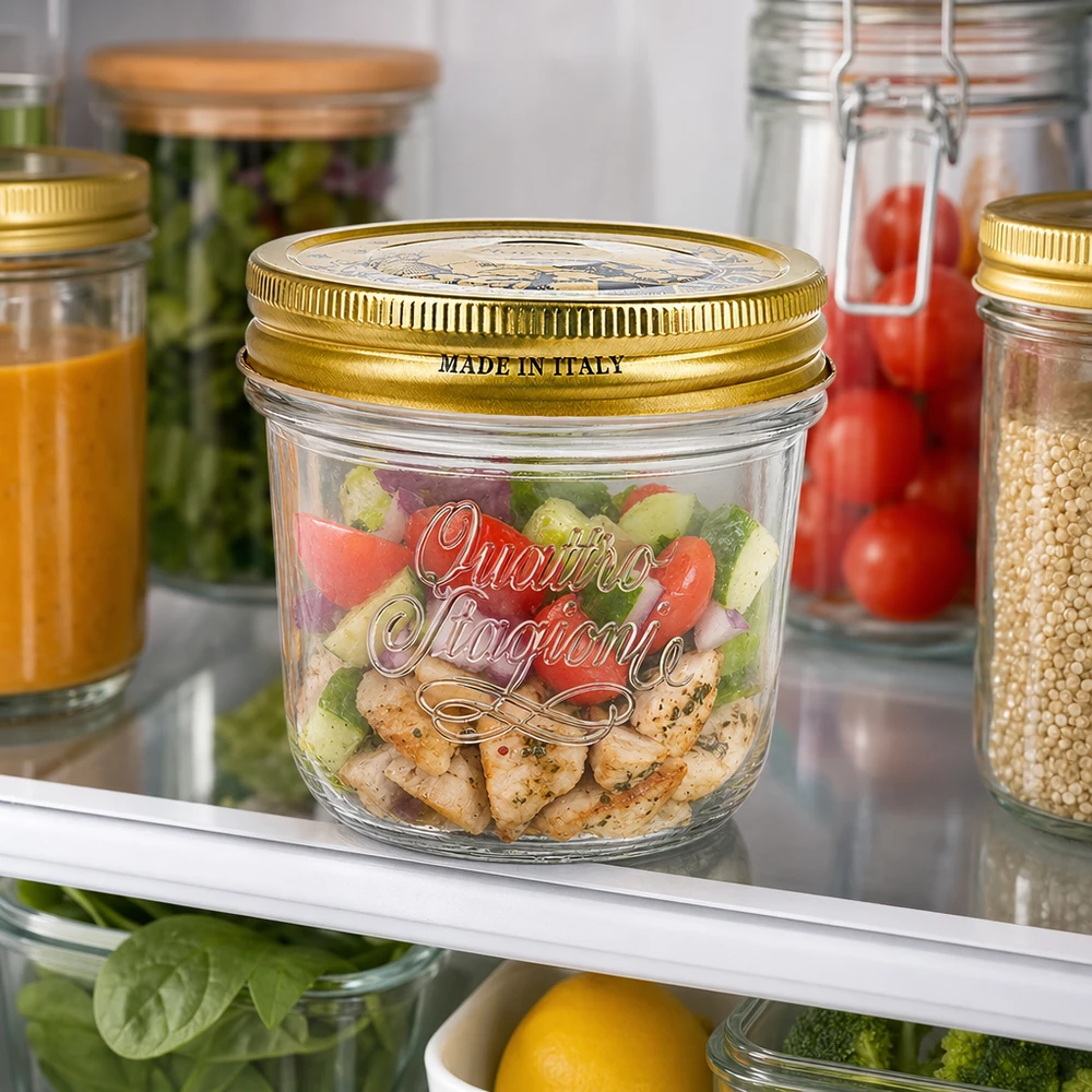 200ml Quattro Stagioni Verre renversé avec couvercle doré rempli de salade colorée dans le réfrigérateur à côté d'autres bocaux à provisions