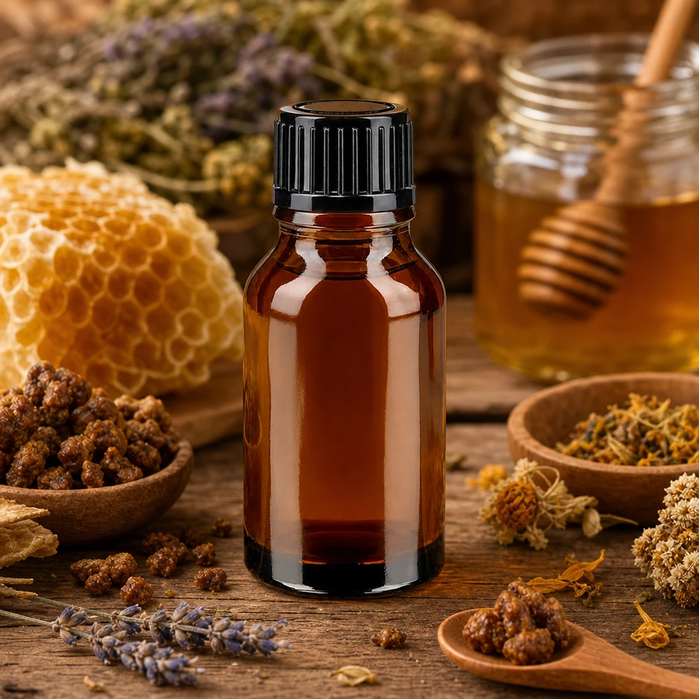 Flacon en verre brun 15ml avec bouchon à vis noir Flacon de pharmacie marron de 15 ml avec bouchon à vis noir, entre le miel en rayons et les plantes médicinales