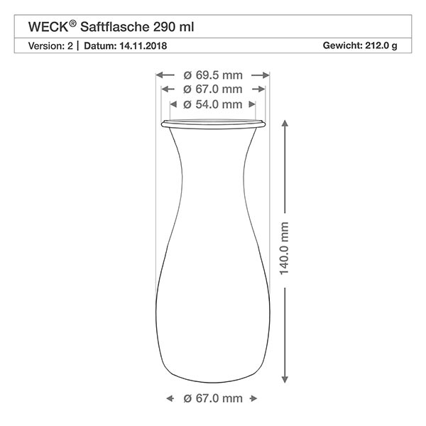 Dessin technique WECK Bouteille de jus 290ml RR60 avec dimensions et poids 212g, spécification détaillée du produit