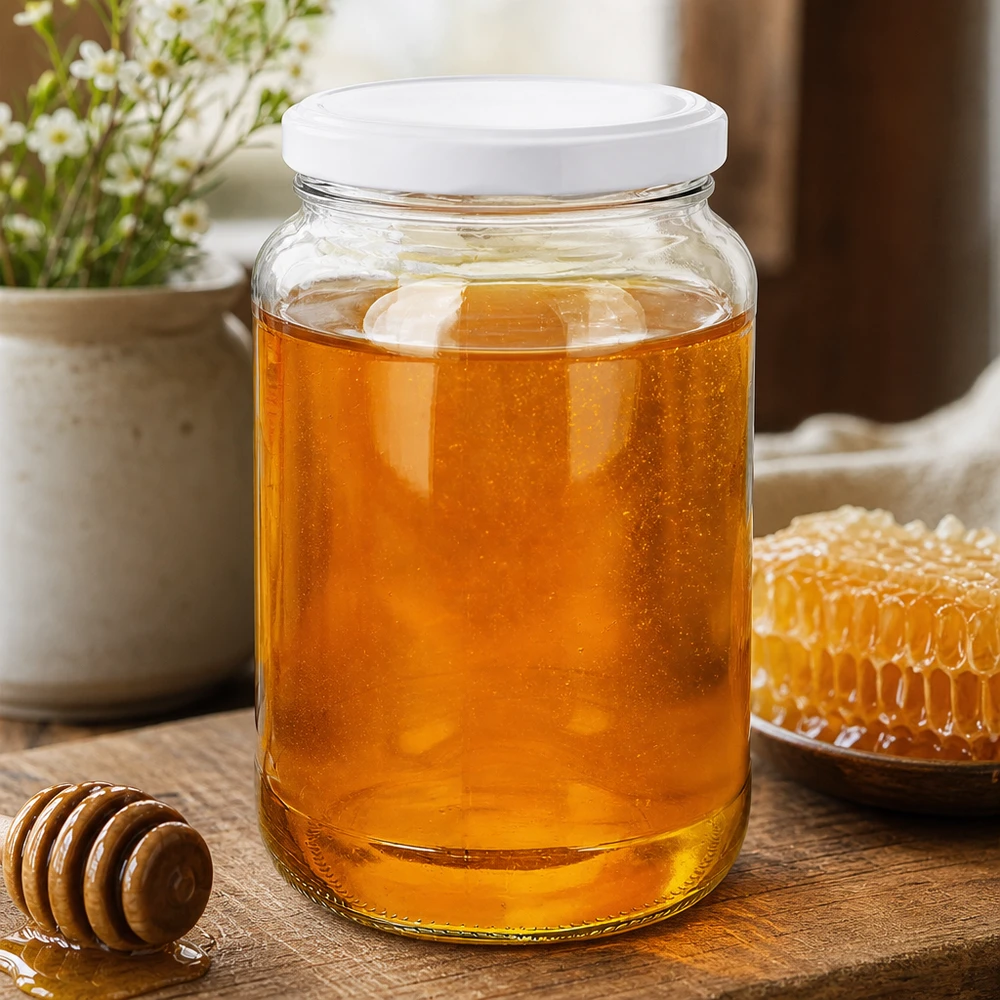 1700ml Verre rond avec couvercle BasicSeal blanc UNiTWIST Pot rond de 1700ml avec couvercle BasicSeal comme pot de miel rempli de miel doré et nid d'abeille sur table en bois