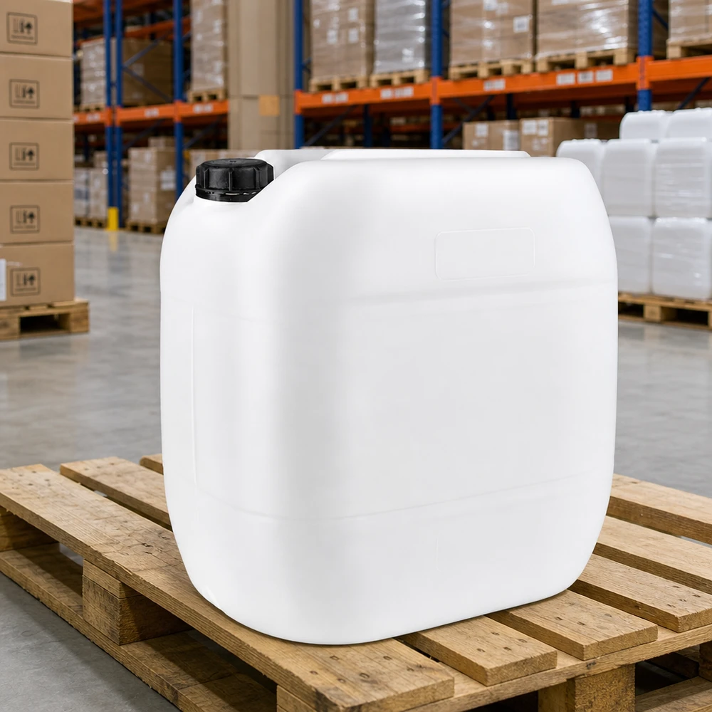 Bidon de 30 litres adapté au contact alimentaire, avec bouchon d'origine, sur palette en bois, en stock