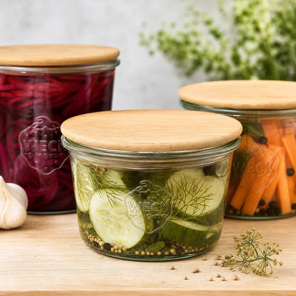 Pot de 80ml WECK RR60 avec couvercle en bois WECK Bocal 80ml RR60 Couvercle en bois Concombres marinés Légumes fermentés Conservation Aides culinaires