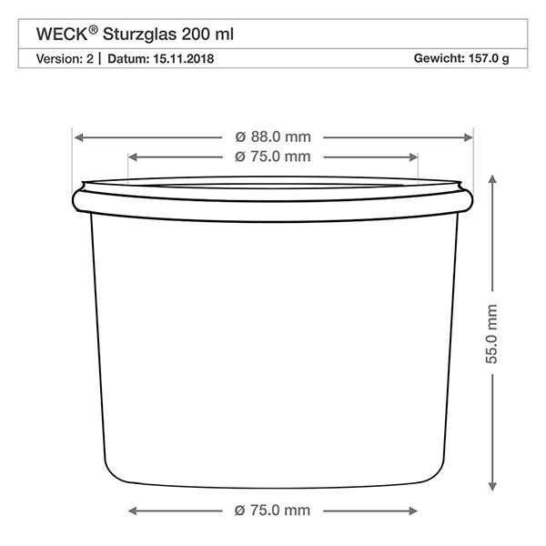 200ml bocal conique WECK RR80 avec bouchon nature Dessin technique WECK Verre renversé 200ml RR80 avec dimensions Diamètre 88mm Hauteur 55mm Poids 157g