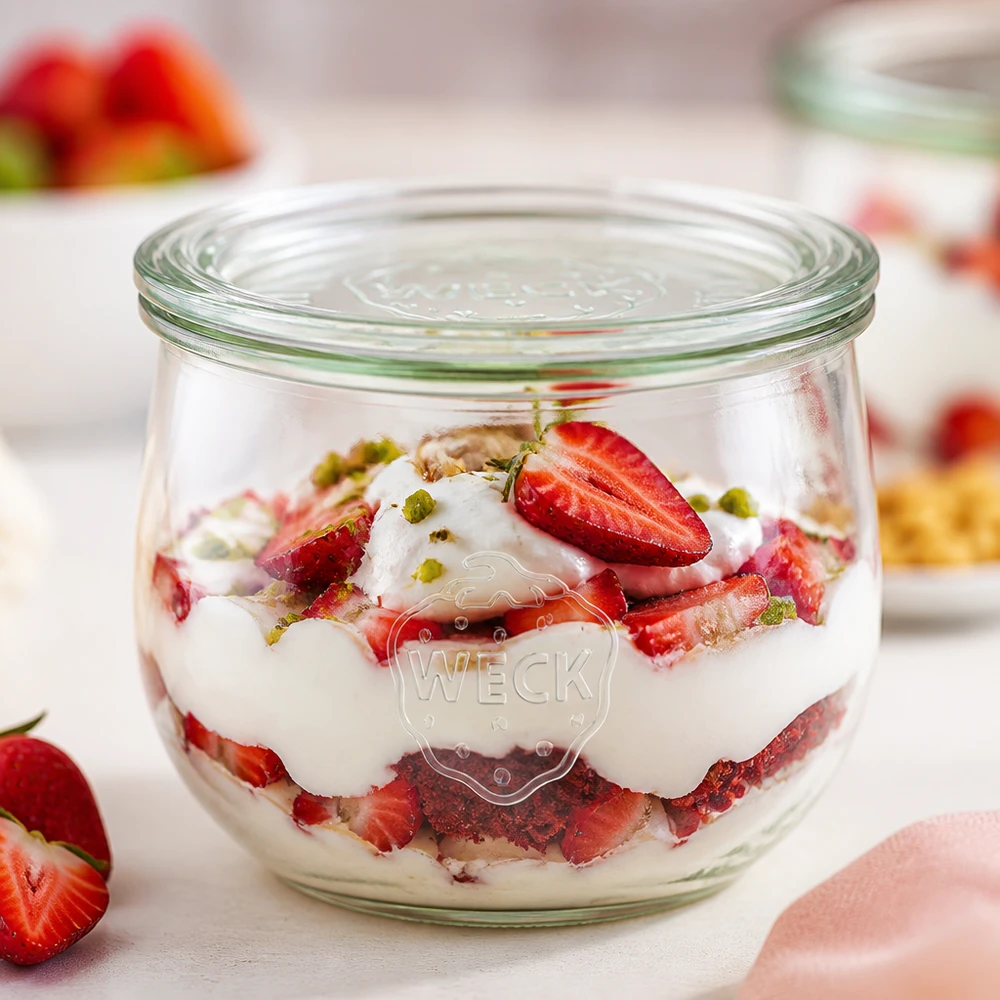 WECK Pot tulipe 580ml RR100 rempli de dessert fraise-yaourt comme variante de dessert avec des pistaches sur une surface blanche