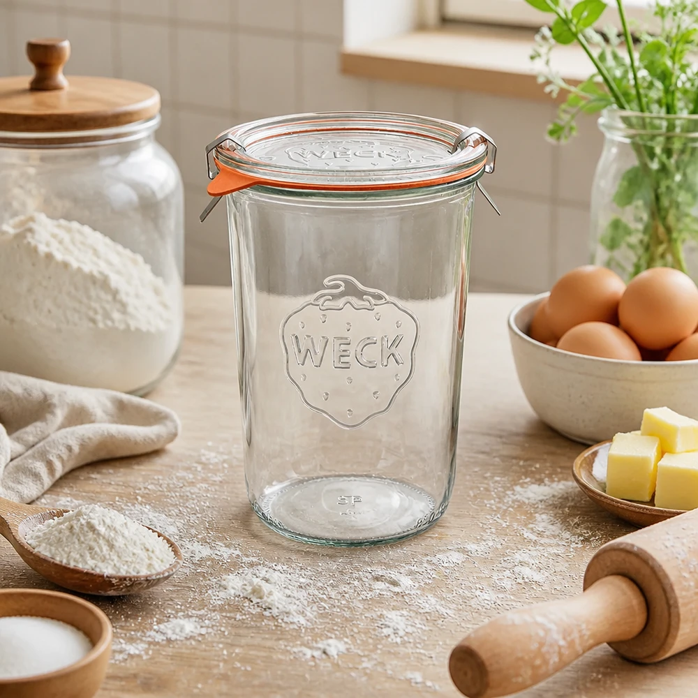 WECK Pot renversé 850ml RR100 dans un environnement de cuisine naturel avec des ingrédients de boulangerie œufs beurre et farine à faire cuire