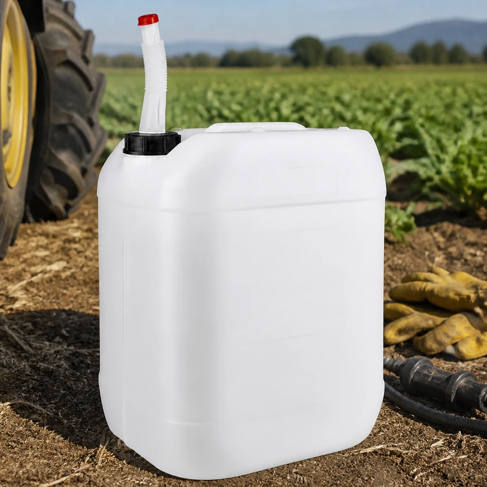 Bidon 20 litres avec tuyau d'écoulement Flex Bidon agricole de 20 litres muni d'un bec verseur flexible, posé à côté d'un tracteur dans un champ