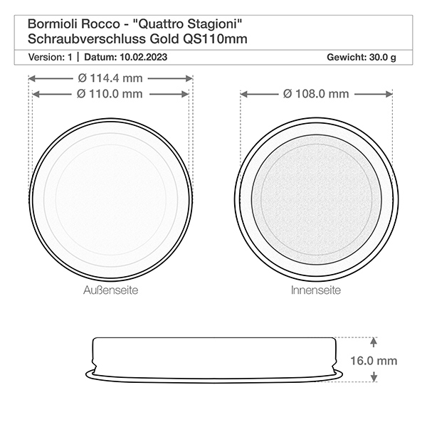 3000ml verre rond « Quattro Stagioni » avec couvercle Dessin technique du couvercle à vis Quattro Stagioni avec dimensions 114,4mm de diamètre et 16mm de hauteur