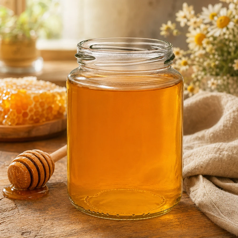 382ml Verre rond sans couvercle (TO66) UNiTWIST UNiTWIST Runda382 Verre rond 382ml TO66 rempli de miel à côté d'un rayon de miel et d'une cuillère en bois sur une table en bois rustique