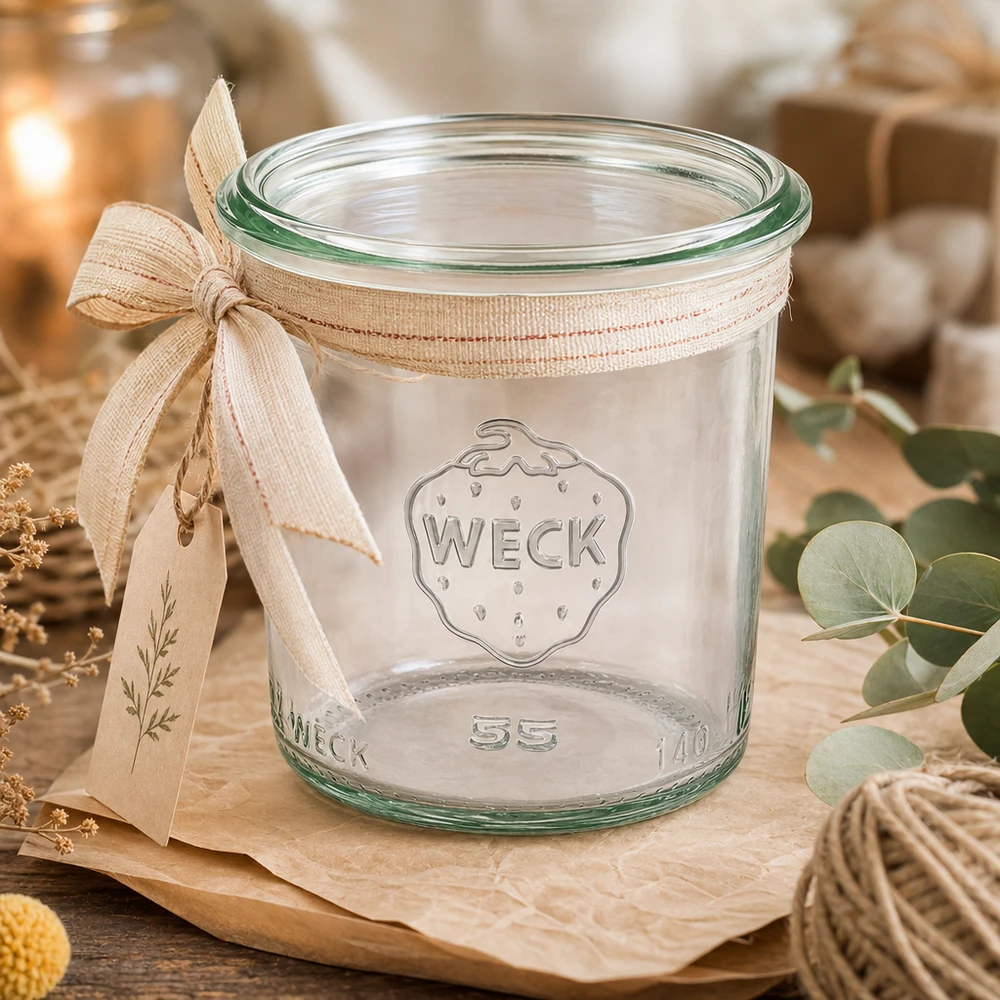 140ml bocal conique WECK RR60 140ml WECK Pot renversé RR60 avec ruban sur planche en bois, pot vide pour confiture et conserves