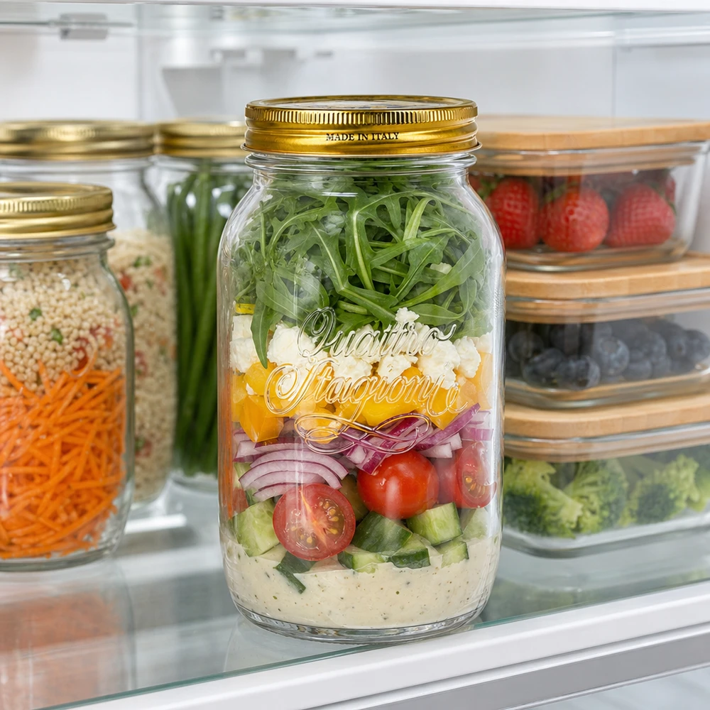 1500ml verre rond « Quattro Stagioni » avec couvercle 1500ml Quattro Stagioni bocal rempli de salade en couches dans le réfrigérateur meal prep conservation de la salade