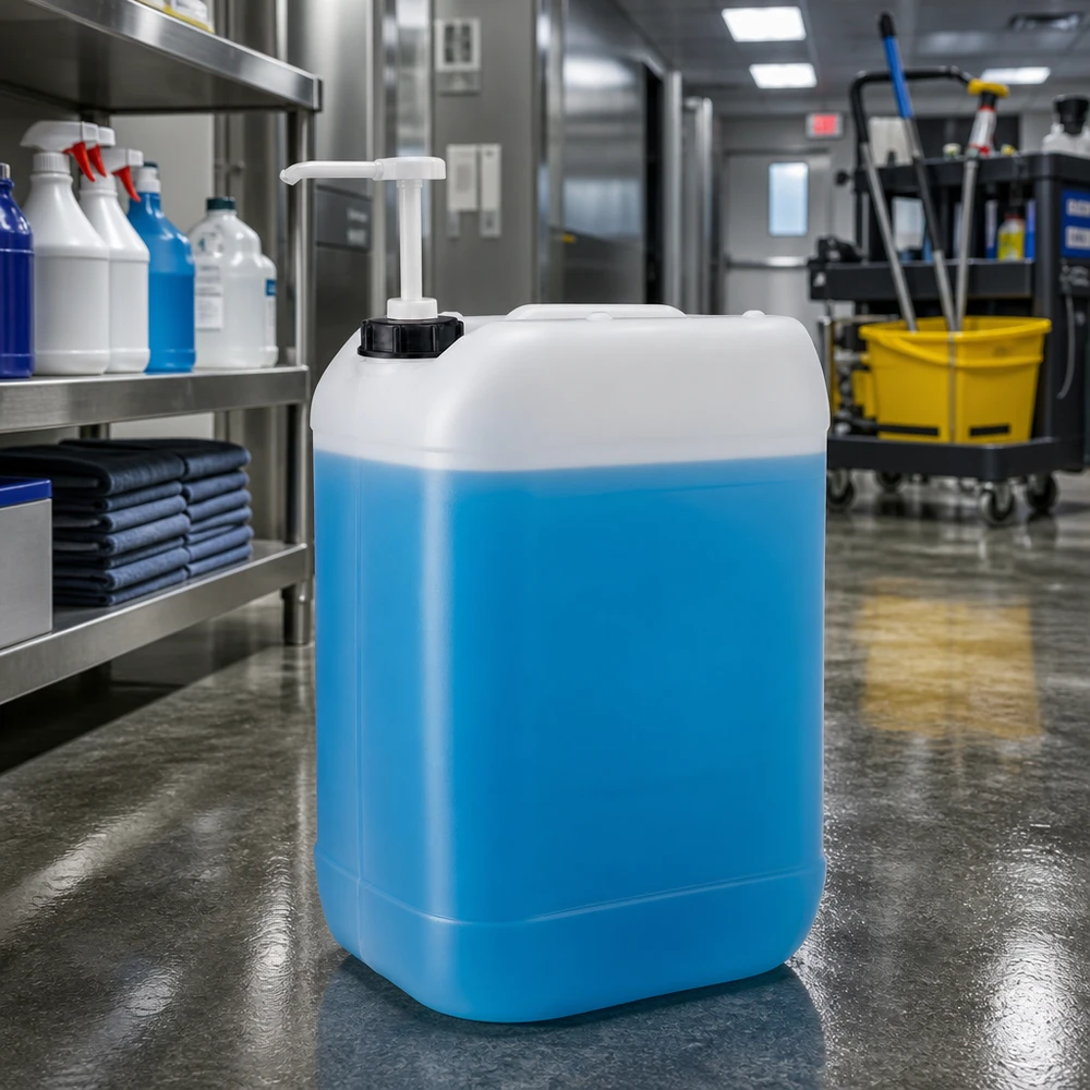 Jerrican de 25 litres avec pompe doseuse Bidon bleu de 25 litres muni d'une pompe blanche dans un environnement de nettoyage professionnel