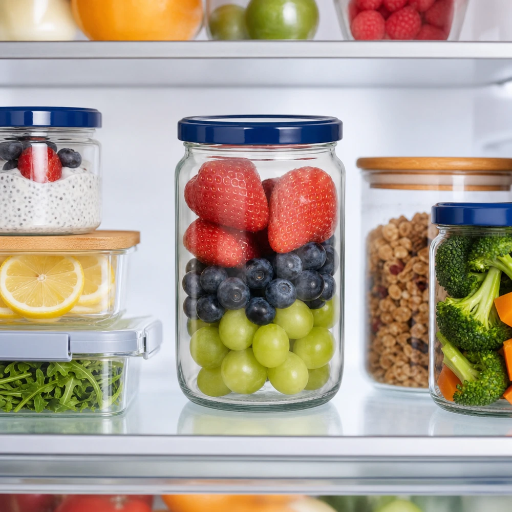 795ml Rundglas mit blauem UNiTWIST Deckel zur Frischhaltung von Beeren und Obst im Kühlschrank organisiert