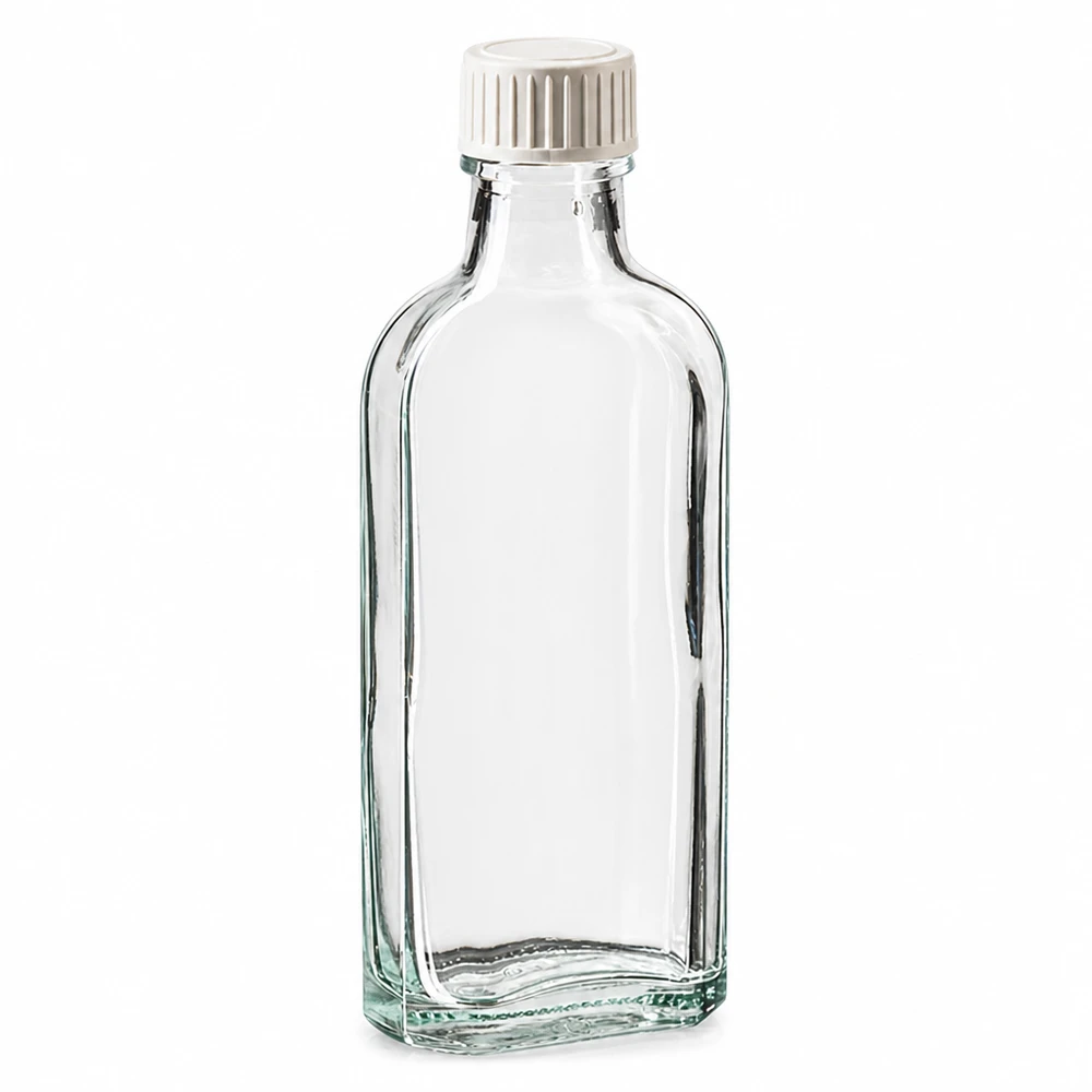 Flasque transparente de 100 ml au goulot DIN 22, avec bouchon à vis DIN 22 blanc en PP et joint mousse en PE Flacon en verre Meplat transparent de 100 ml, avec bouchon à vis blanc et insert en mousse PE