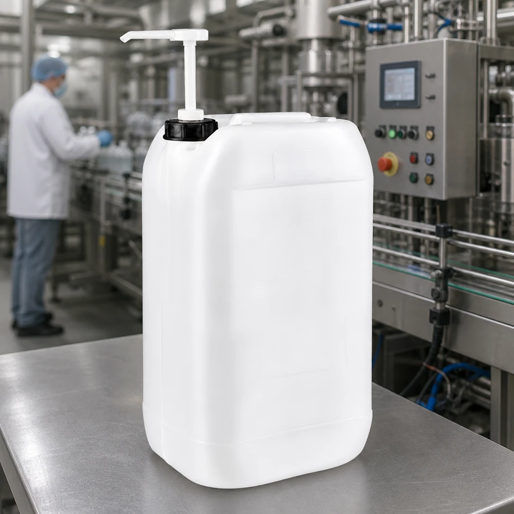 Bidon rectangulaire en PEHD de 15 litres équipé d'une pompe doseuse, posé sur une table en acier inoxydable dans une usine de production industrielle