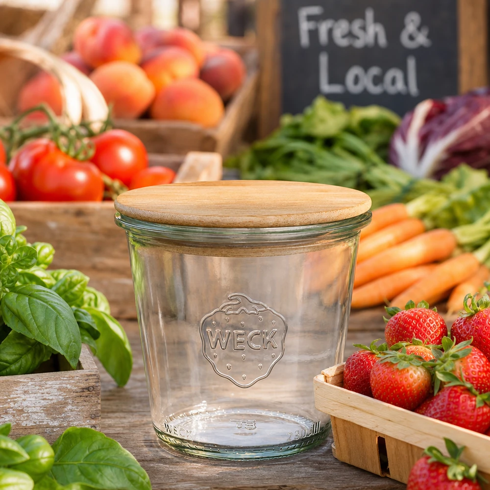 290ml bocal conique haut WECK RR80 avec couvercle en bois WECK Pot à provisions 290ml RR80 avec couvercle en bois entre les légumes et fruits frais sur le stand du marché Fresh Local