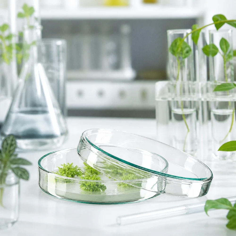 Boîte de Pétri en verre de 100 x 20 mm contenant des pousses de plantes sur un milieu de culture vert dans un laboratoire botanique