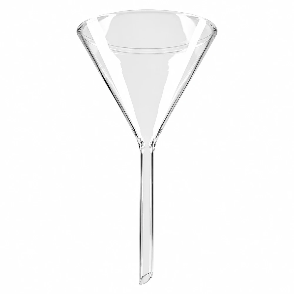 Entonnoir en verre de 100 mm de diamètre, en verre sodocalcique, avec un pied court, destiné à un usage en laboratoire