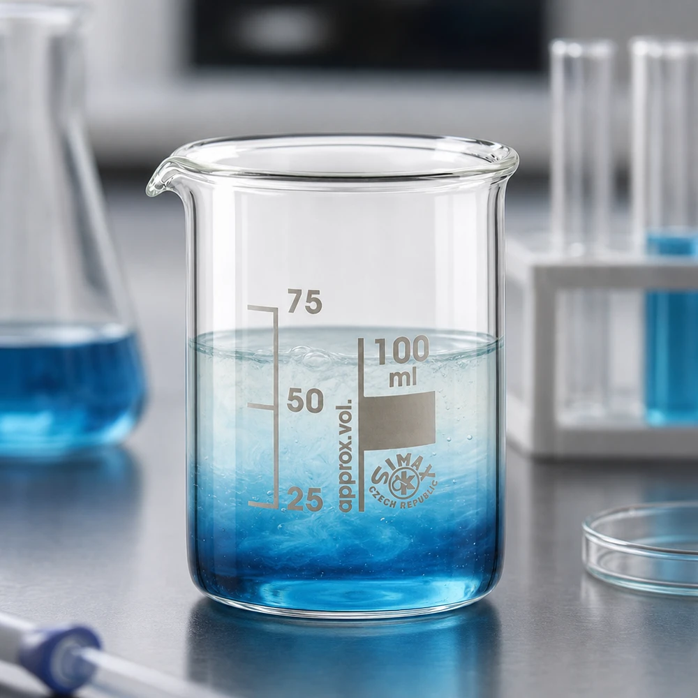 Bécher 100ml en verre borosilicate résistant à la chaleur (forme basse) Verre borosilicaté 100ml avec solution bleue et échelle en millilitres bien visible