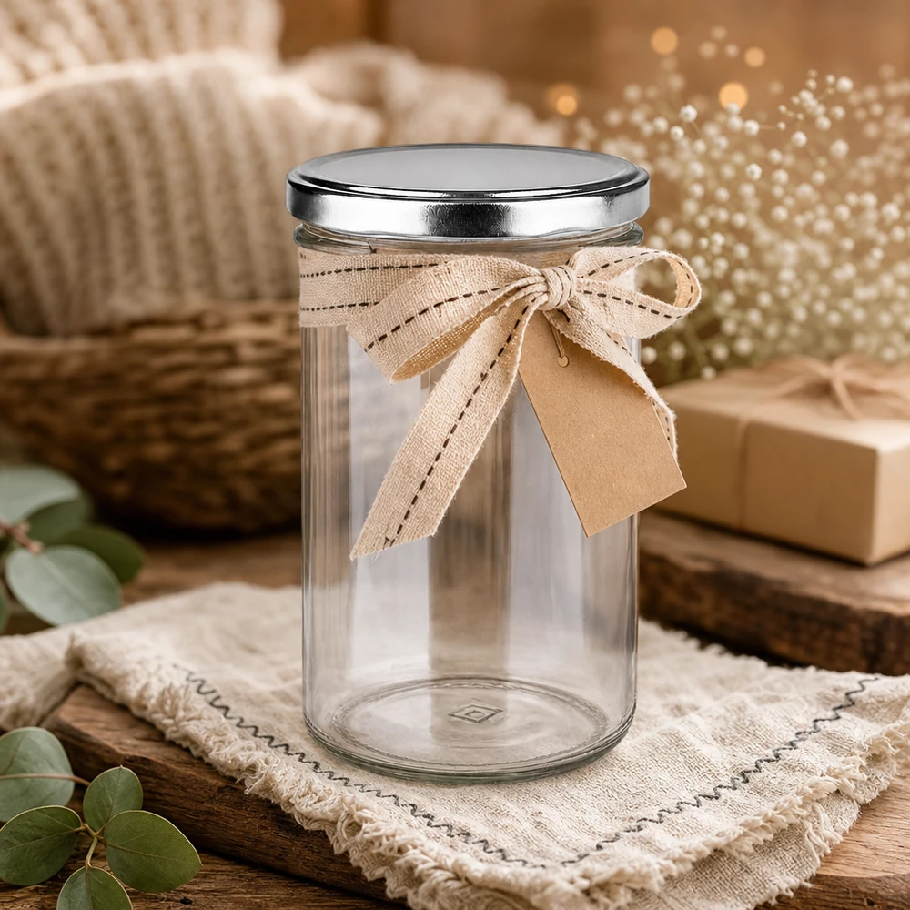 277ml verre renversé avec couvercle BasicSeal argenté décoratif avec ruban emballage cadeau aspect bois rustique ambiance