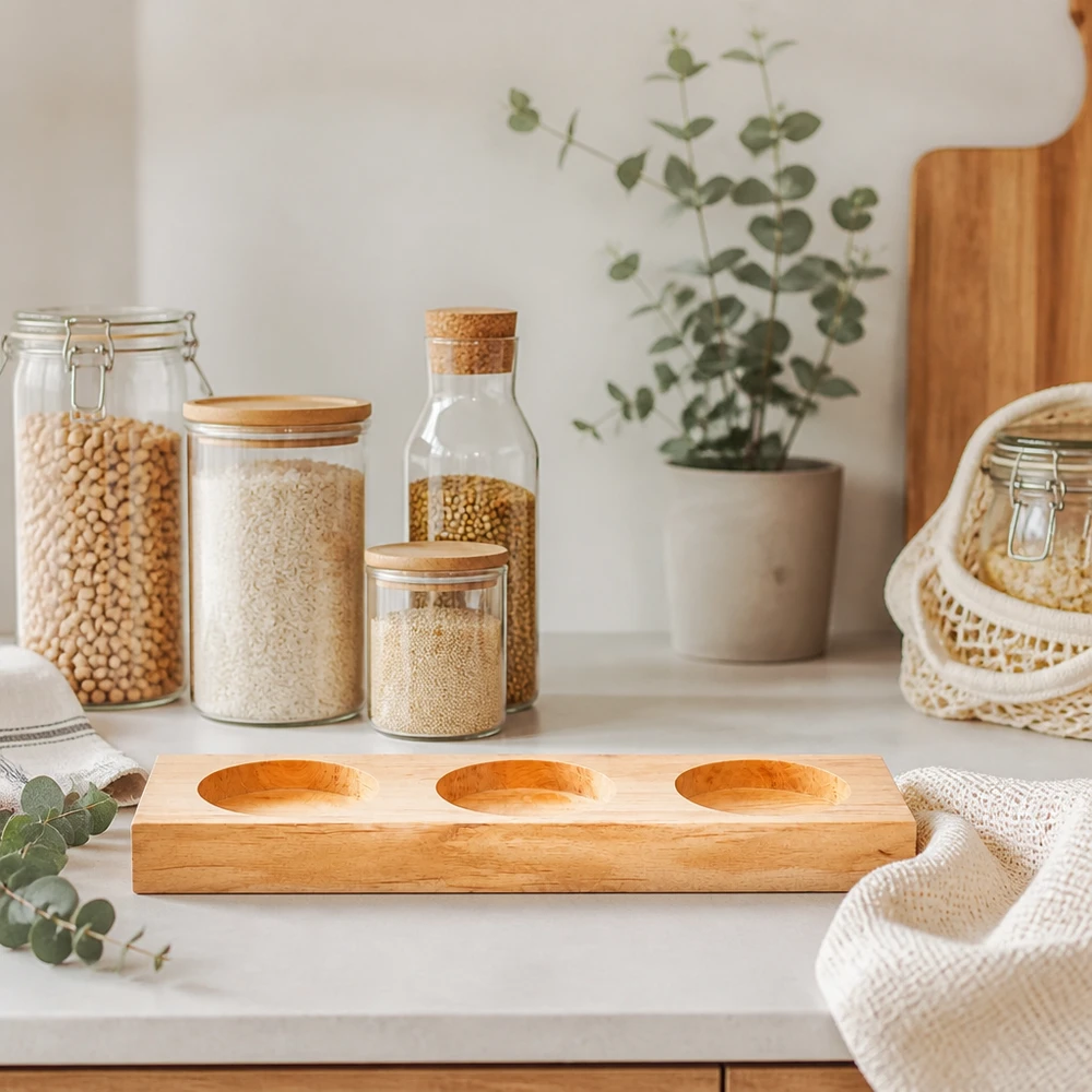 Plateau de service Plano3 pour 3 bocaux WECK Servierbrett Plano3 aus Bambus auf weißer Arbeitsplatte mit Vorratsgläsern und eucalyptus Deko im skandinavischen Küchen