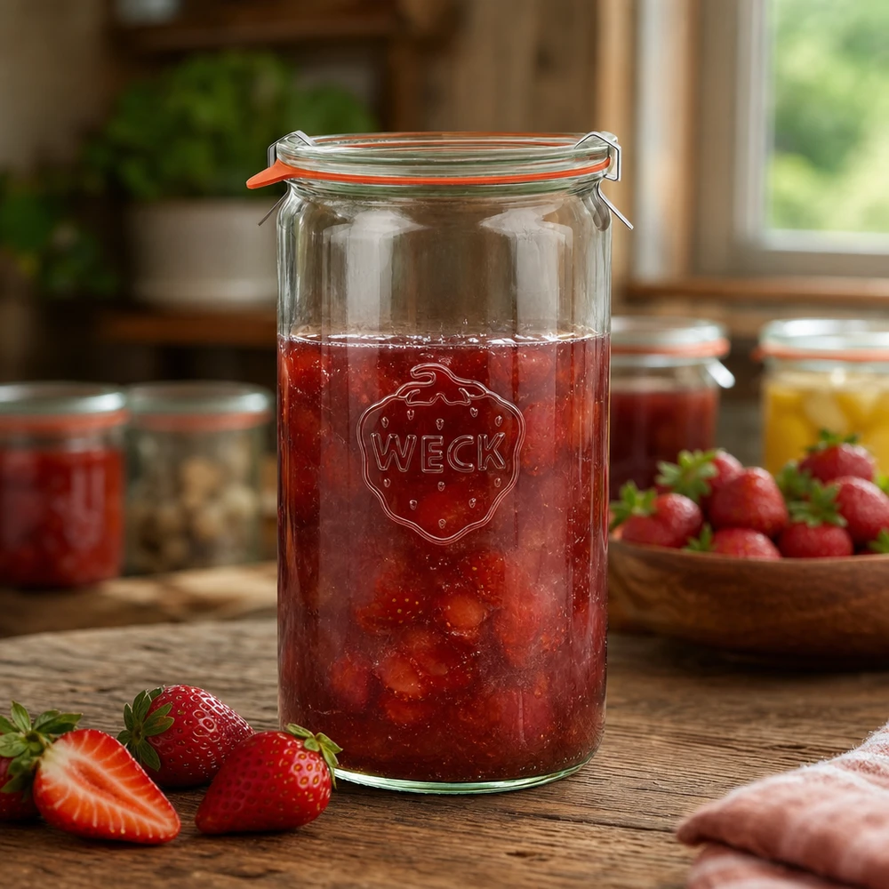 1590ml bocal cylindrique complet WECK RR100 WECK Pot de conserve 1590ml rempli de confiture de fraises sur une table en bois avec des fraises fraîches en arrière-plan