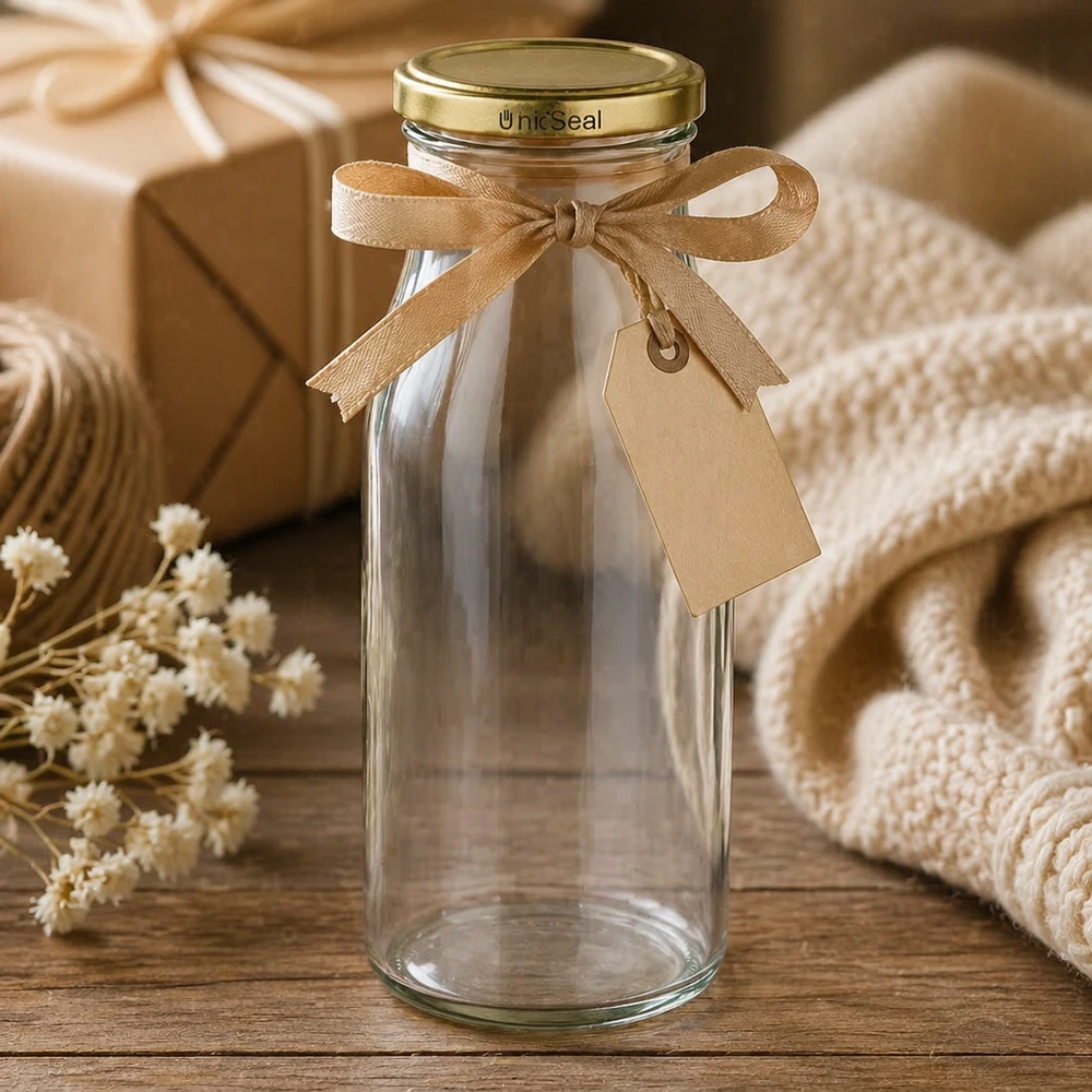 150ml Bouteille avec couvercle BioSeal or UNiTWIST UNiTWIST Bouteille en verre de 150ml présentée de manière décorative avec un ruban Bouchon BioSeal doré Idée cadeau Lifestyle