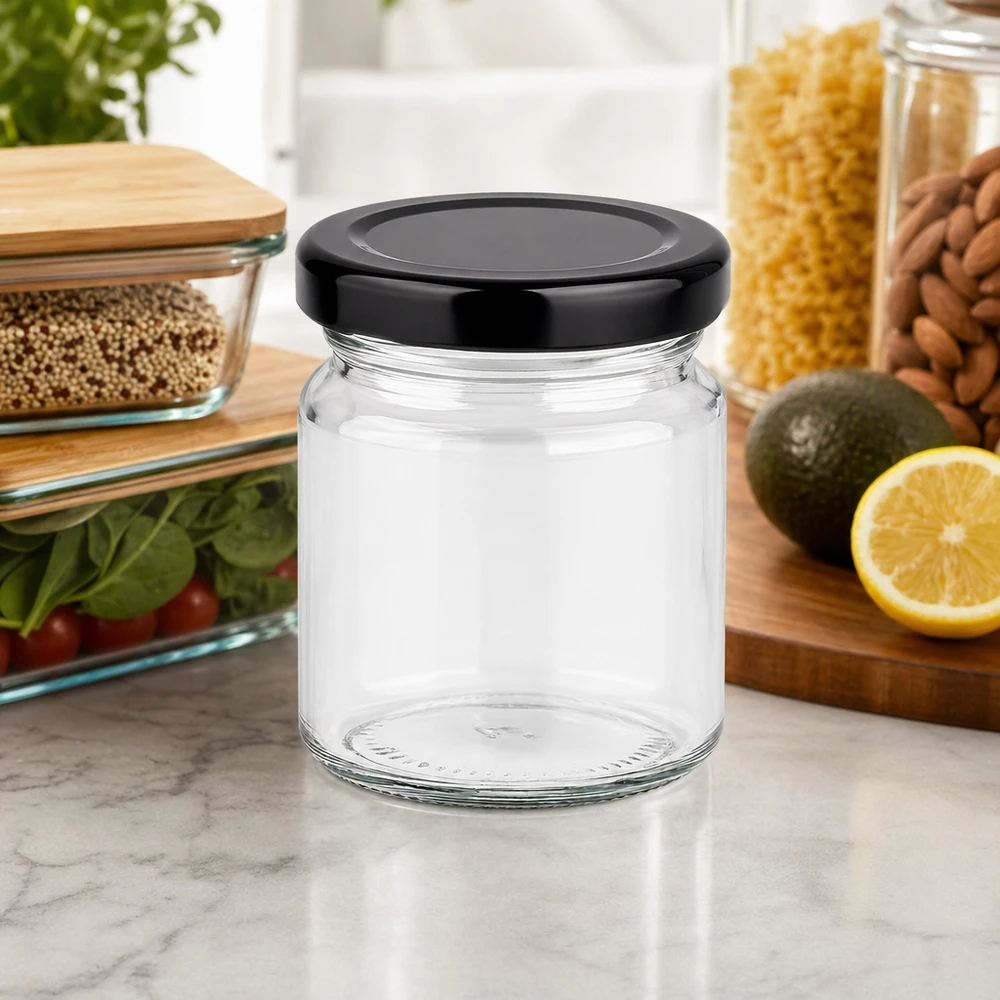 53ml Verre rond avec couvercle BasicSeal noir UNiTWIST 53ml Rundglas mit schwarzem Deckel leer auf Marmor-Arbeitsplatte neben Vorratsgläsern kompakte Küchenorganisation
