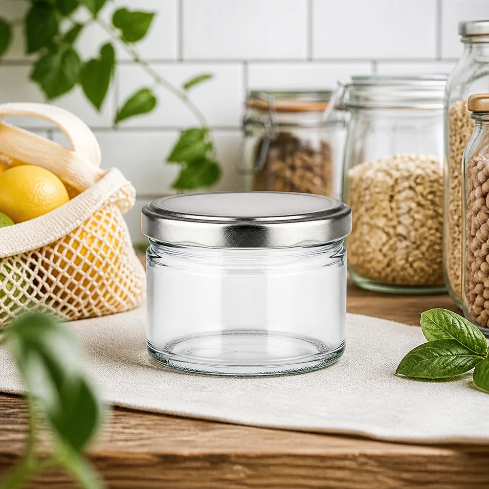 540ml Verre rond avec couvercle BasicSeal argent UNiTWIST Bocal rond de 540ml avec couvercle argenté dans une cuisine moderne, bocal de conservation durable entre les bocaux à provisions