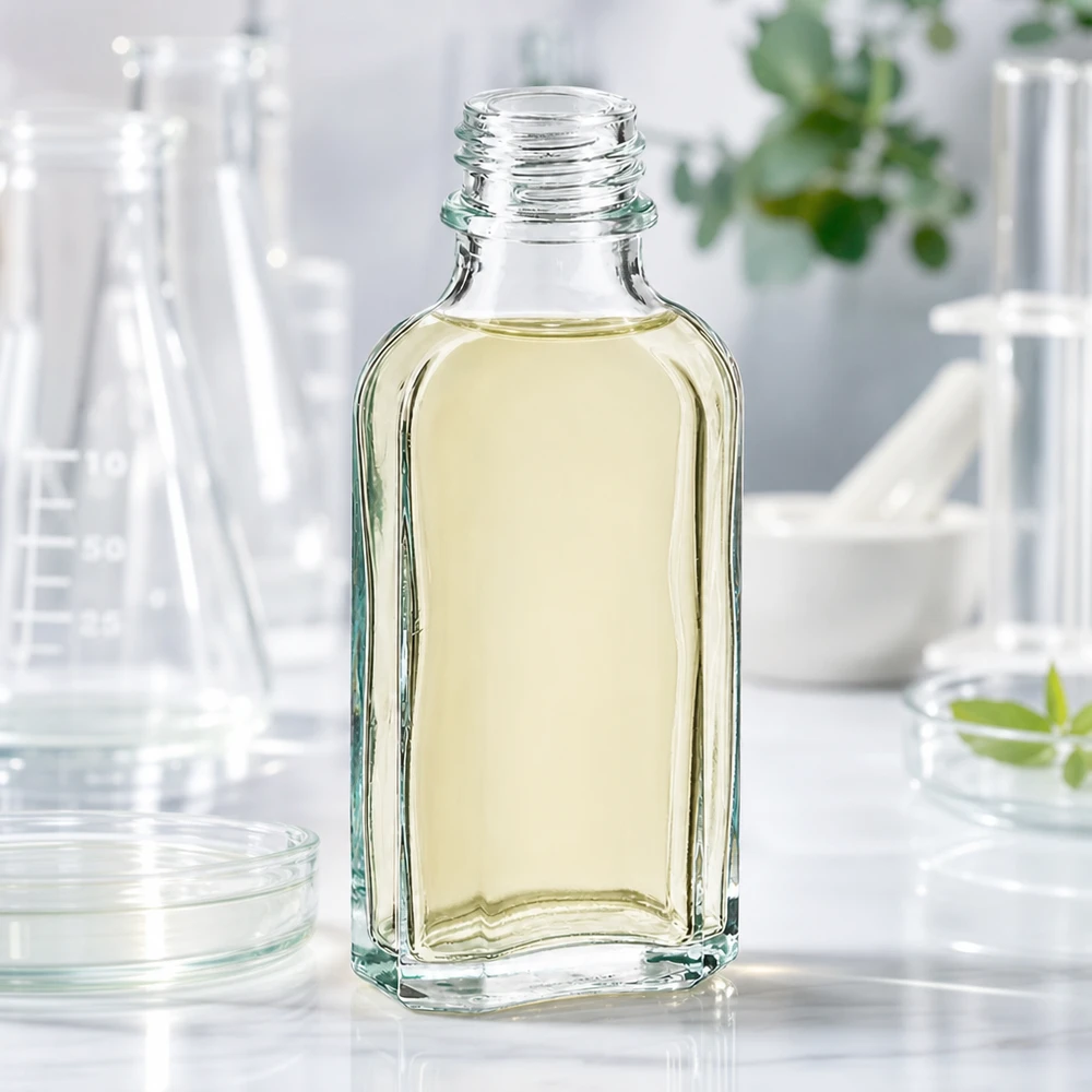 Flacon Meplat plat de 50 ml, transparent, contenant un liquide jaunâtre, avec filetage DIN 22