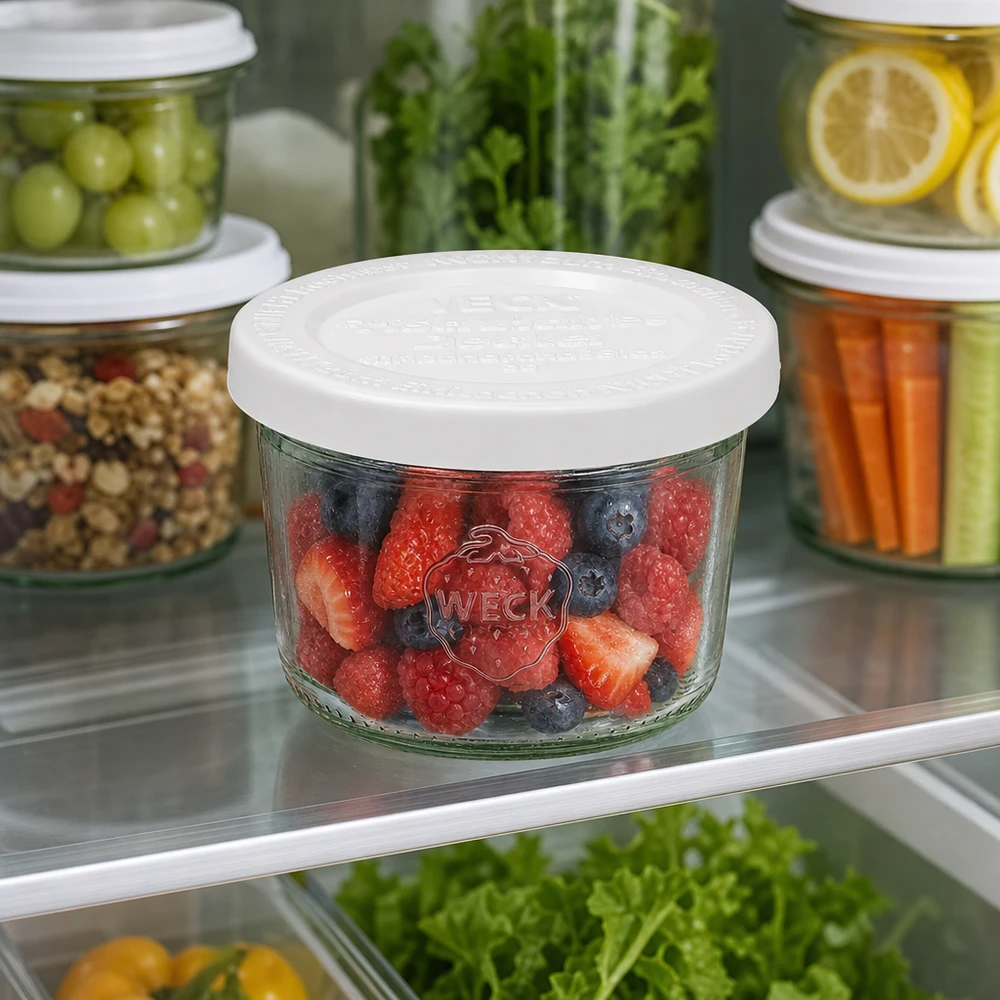 Bocal en verre de 80 ml avec couvercle hermétique WECK RR60 Pot renversé WECK RR60 de 80 ml avec des baies mélangées dans le réfrigérateur à côté d'autres bocaux de stockage avec des légumes et des fruits