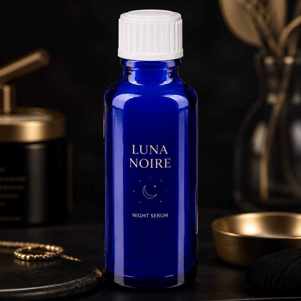 Sérum de nuit Luna Noire dans un flacon de pharmacie bleu cobalt de 30 ml avec un bouchon à vis blanc
