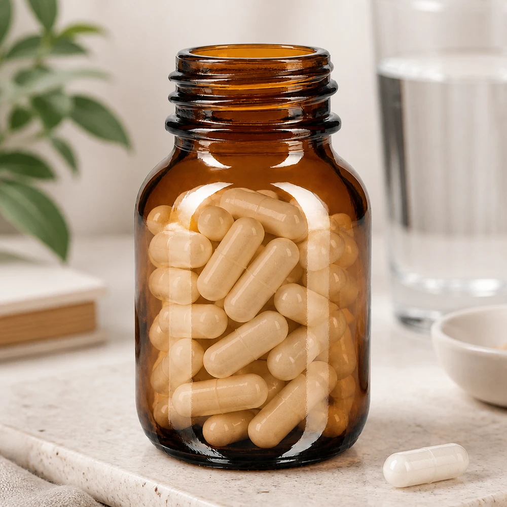 Bouteille pratique à large ouverture de 50 ml en verre brun pour conserver les compléments alimentaires en toute sécurité