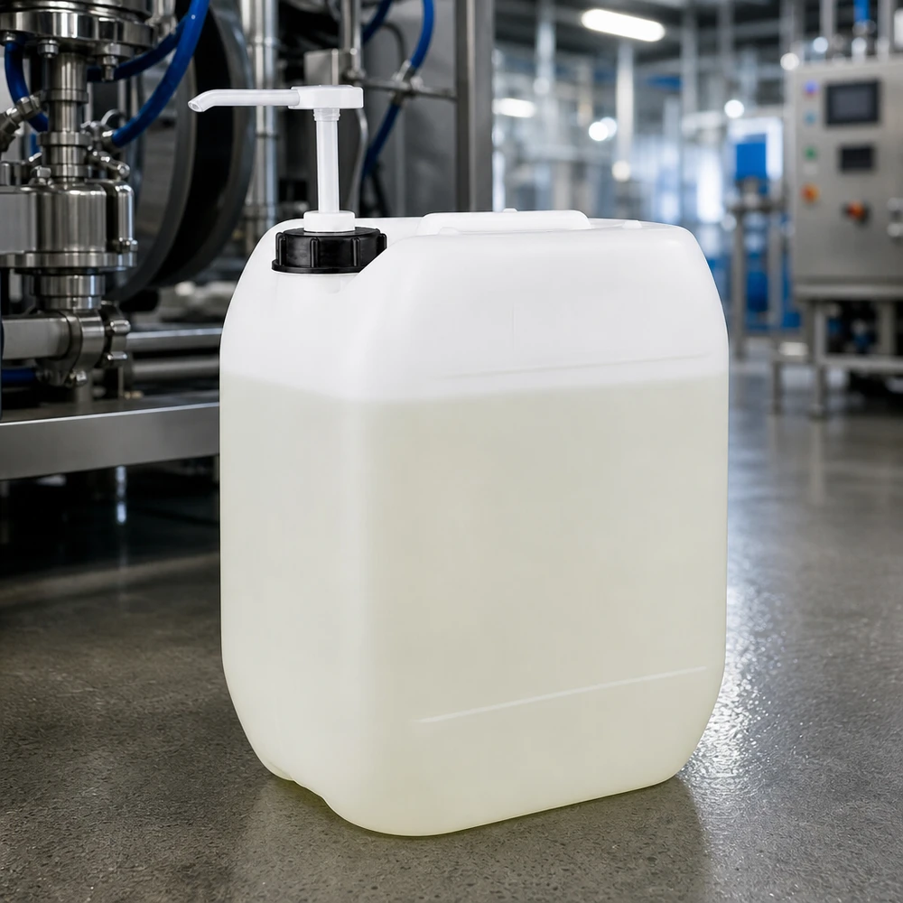 Bidon industriel transparent de 10 litres avec pompe doseuse intégrée, fabriqué dans une usine de production moderne