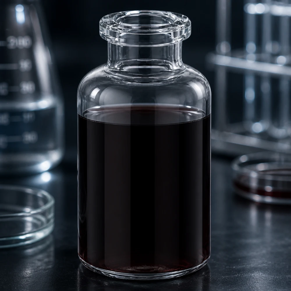 Flacon pour solution injectable, 20 ml en verre clair Medizinische Klarglas Injektionsflasche 20ml mit dunkelbrauner Substanz in professioneller Laborumgebung