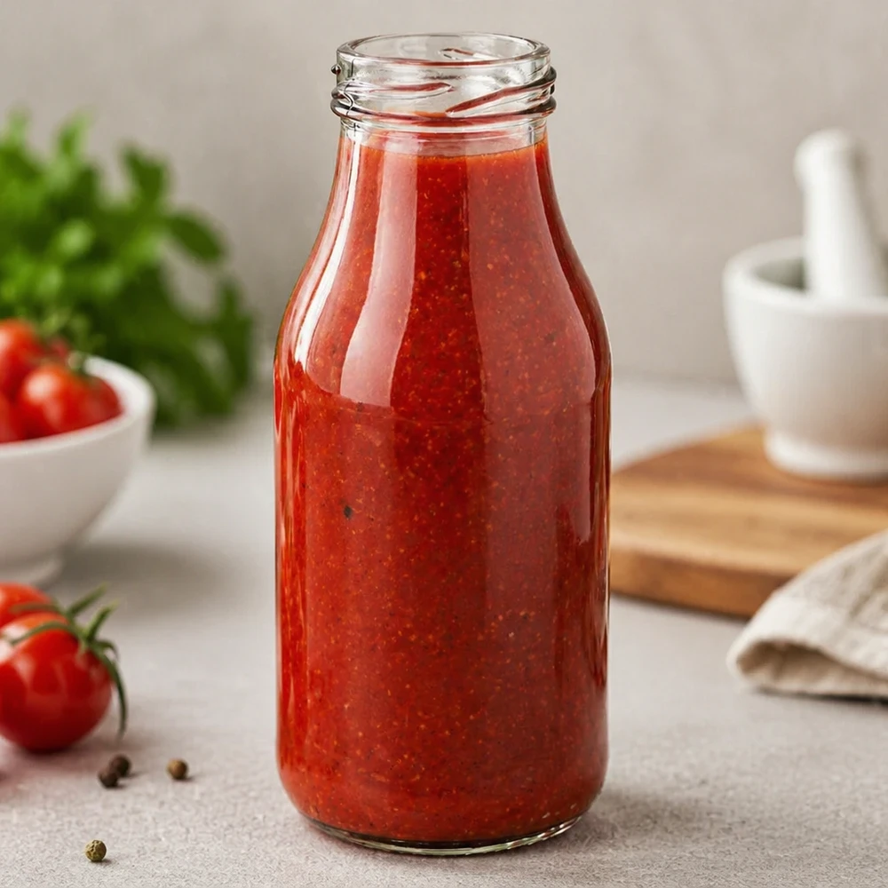 Elegante UNiTWIST Glasflasche 263ml mit roter Tomatensauce gefüllt in moderner Küche - perfekt für Saucen und Getränke