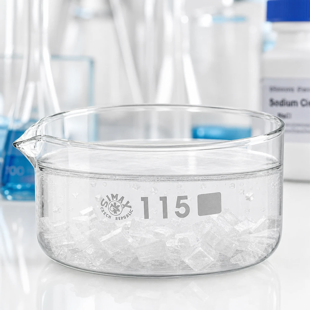 Coupelle de cristallisation de 500 ml avec bec verseur, remplie de cristaux blancs, diamètre 115 mm, verrerie de laboratoire