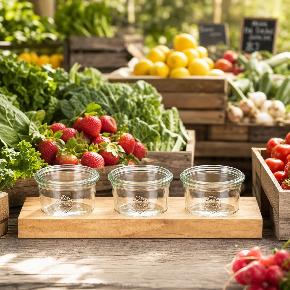 Plateau de service Plano3 avec 3 bocaux Weck de 80 ml Planche de service Plano3 avec des bocaux vides Weck 80ml sur un étal de marché entre des fruits et légumes frais