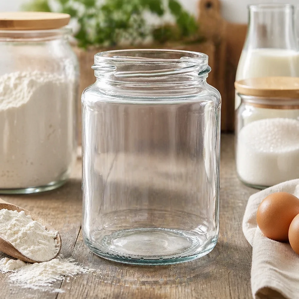 UNiTWIST Runda382 Bocal rond 382ml TO66 Bocal vide sur table en bois avec ustensiles de cuisine et œufs en arrière-plan