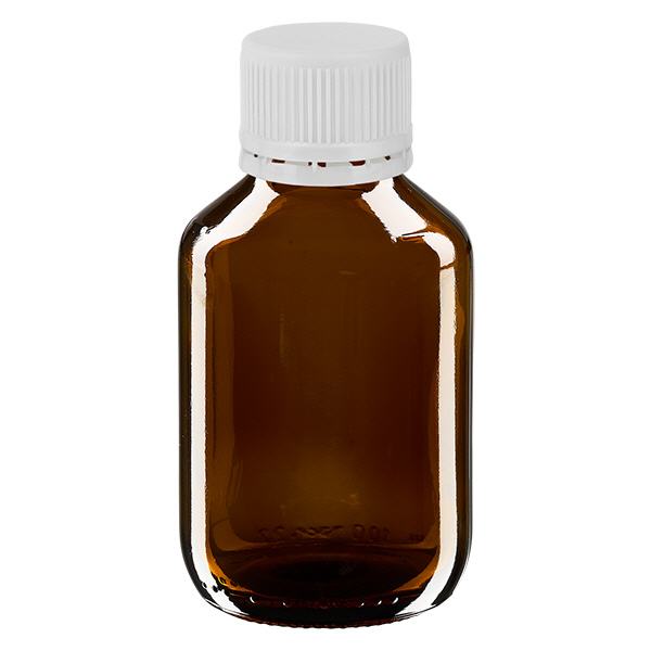 Bouteille à usage médical de 100 ml, marron, avec bouchon blanc d'origine Bouteille à usage médical de 100 ml, marron, avec bouchon blanc d'origine