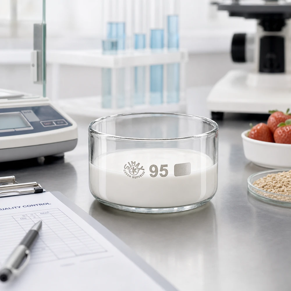 Poudre blanc laiteux dans un bac de cristallisation Simax de 300 ml, laboratoire de contrôle de la qualité alimentaire, 95 mm