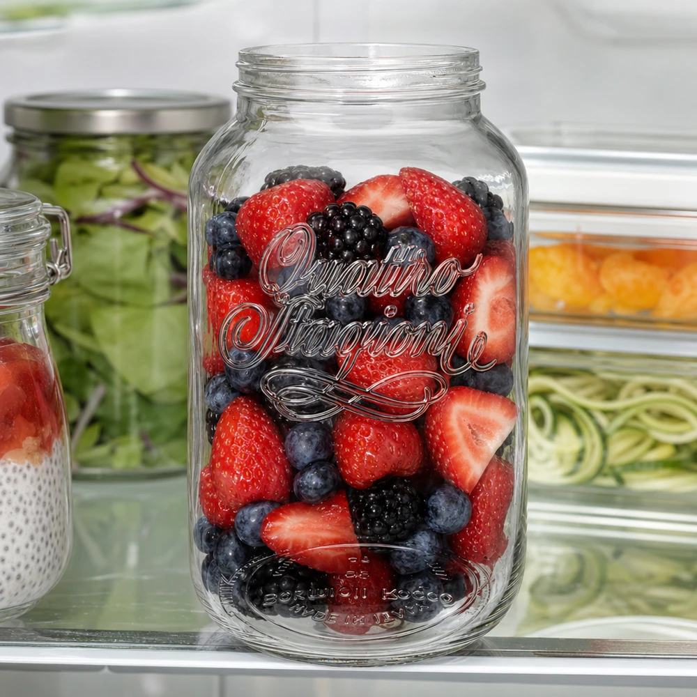 3800ml Verre rond "Quattro Stagioni" QS110mm 3800ml Quattro Stagioni Verre de ménage rempli de baies fraîches dans le réfrigérateur comme récipient de stockage pour les fruits