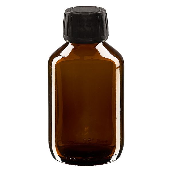 Flacon médical 150 ml couleur ambrée avec bouchon noir Flacon médical 150 ml couleur ambrée avec bouchon noir