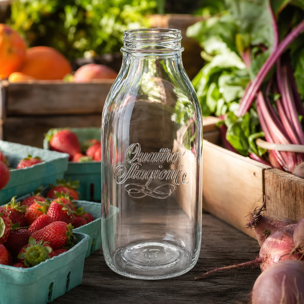 1000ml Bouteille en verre "Quattro Stagioni" QS56mm Bouteille Quattro Stagioni à col large 1000ml en verre sur table en bois avec fraises fraîches et légumes en arrière-plan