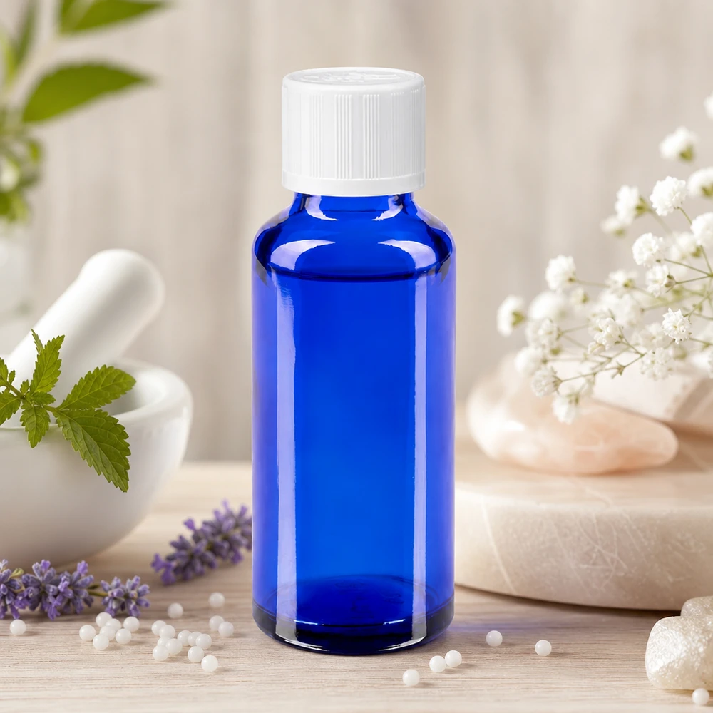 Petit flacon en verre bleu de 30 ml avec bouchon à vis blanc, entre la lavande et les plantes médicinales