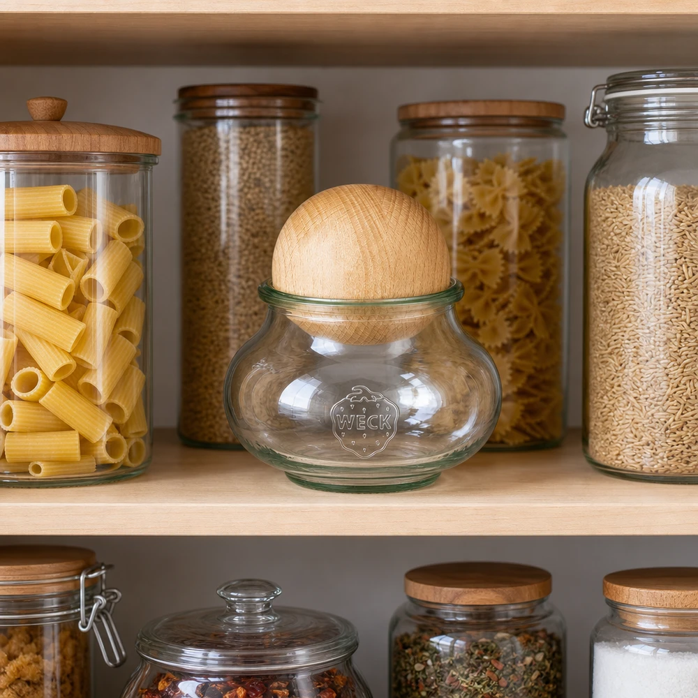 560ml bocal décoratif WECK RR80 avec boule en bois en hêtre WECK Bocal 560ml RR80 Boule de hêtre Couvercle dans le placard à provisions avec pâtes riz lentilles rangement organisé cuisine