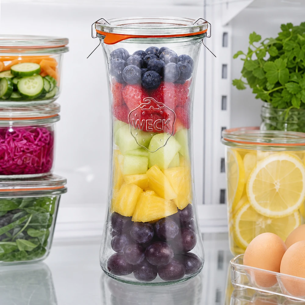 700ml bocal à gourmandises complet WECK RR80 WECK Pot de délicatesse 700ml RR80 rempli de salade de fruits multicolore, bocal à fermeture à étrier pour fruits frais